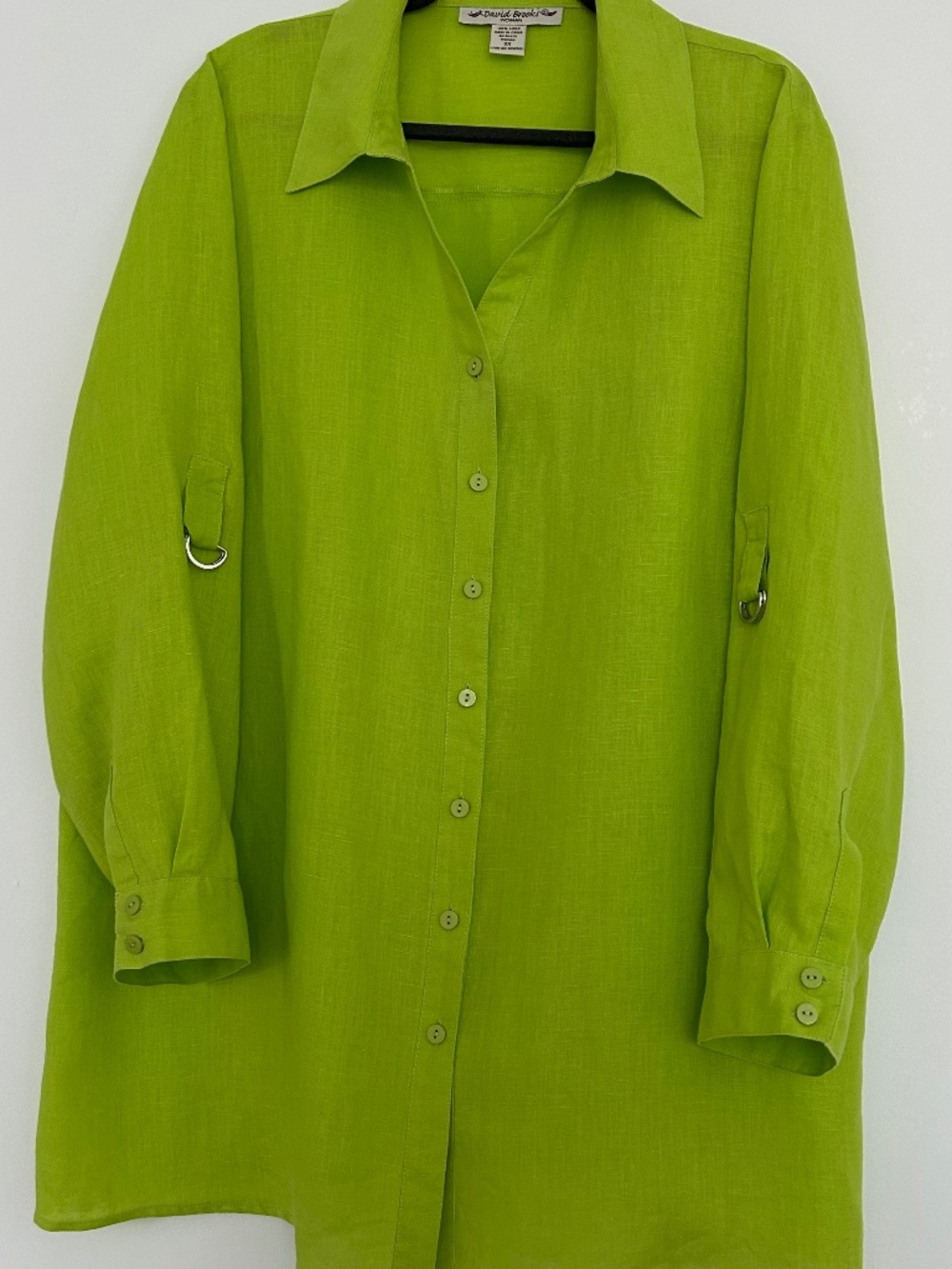 NWOT David Brooks 100% Linen Tunic Shirt 2X Plus Lime Green Roll-Tab Button Up